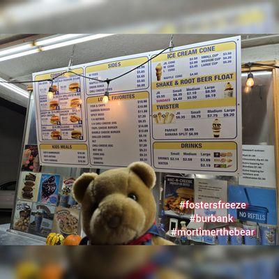 The menu is huge for an ice cream shop! #fostersfreeze #burbank #mortimerthebear #mortimerandfriends