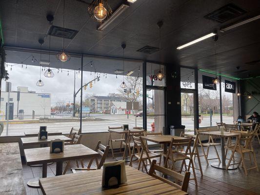 Inside of restaurant looking toward the street