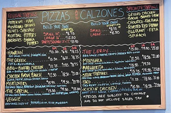 Pizza and Calzones menu