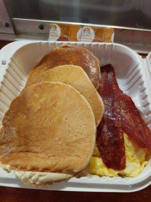 Pancakes scramble egg cheese turkey bacon