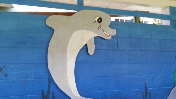 Cute mural on the wall outside of their pool.