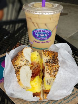 B.E.C Everything Bagel Sandwich + Iced White Mocha w/ Almond Milk.