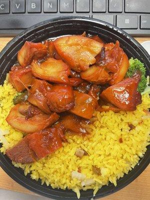 $9.99 | Bourbon Chicken - served w/ pork fried rice & soup or soda - doesn't have the rich savory flavor.  Extremely bland