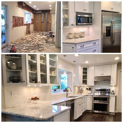 Kitchen Remodel in Olney, Maryland.  Scope: new tile floor, cabinets, lighting, countertops and subway backsplash.