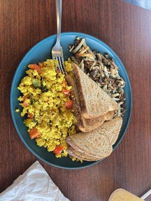 Tofu Time! Tofu scramble, wheat toast, hash browns.