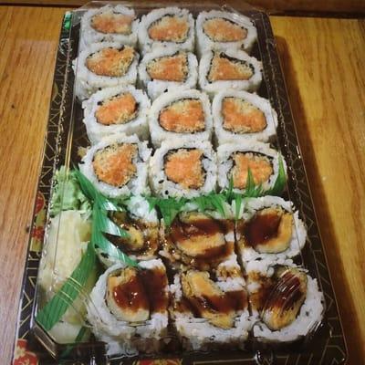 1 sweet potato roll lathered w/ eel sauce, 2 spicy salmon rolls, To-go!