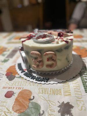 Custom Saw birthday cake for a horror loving man child! Pumpkin cake with orange blossom buttercream.