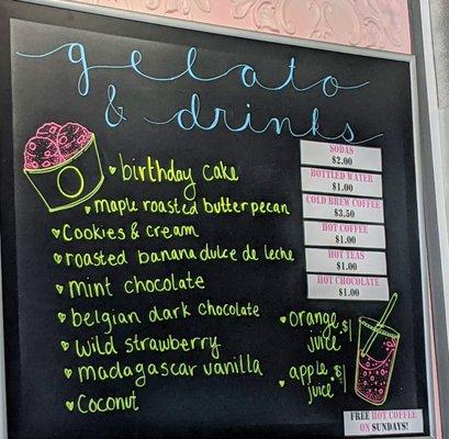 Gelato and beverage menu