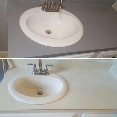 Sink reglazed in high gloss white  and countertop refinished in custom color