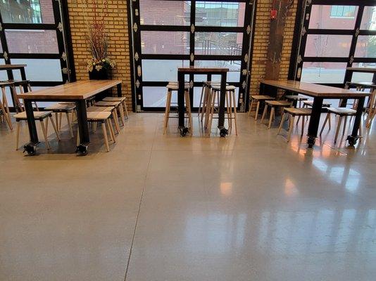 Polished concrete floors that Dancer Concrete Design installed at Union Street Market on the Electric Works campus in Fort Wayne, Indiana.