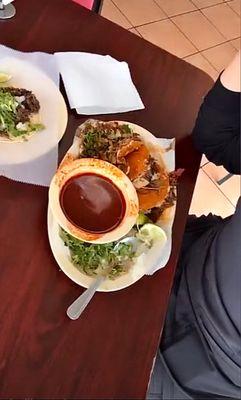 Tacos de Birria with caldito and un Taco de barbacoa