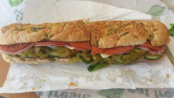 Footlong Green chile cheese wheat bread, spicy bmt sandwhich