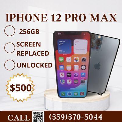 Model :- Iphone 12 Pro Max
Storage :- 256GB
Factory Unlocked 
Screen Replaced

Ready for Pick up At CellProsBarstow