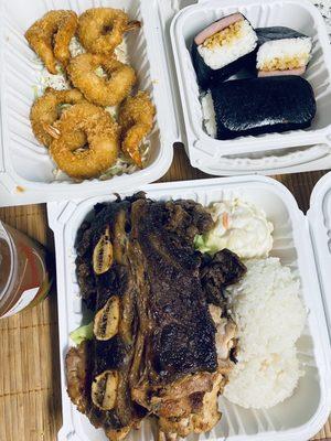 Shrimp, spam musubi and combo meat bbq with all sides.