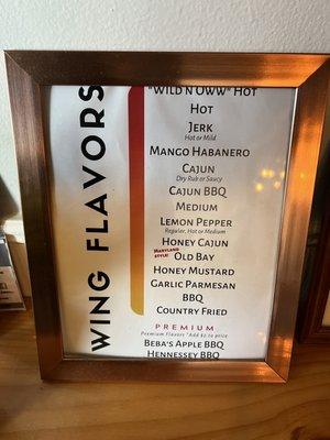 Wing flavor menu