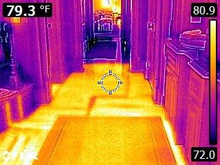 Radiant bathroom floor heat observed through our Flir Infrared Camera.