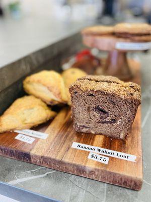 Banana walnut loaf (right), blueberry scones (left)