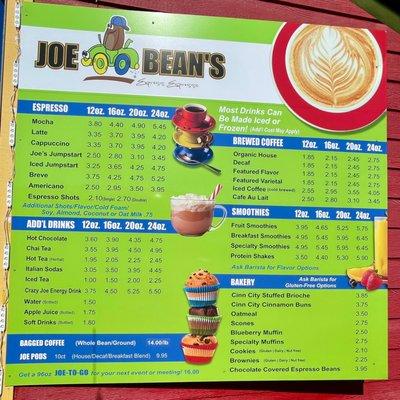 Joe Bean's Menu