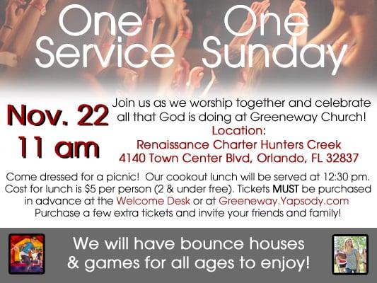 One Sunday only...November 22, 2015.  For more information call 407-240-5442.