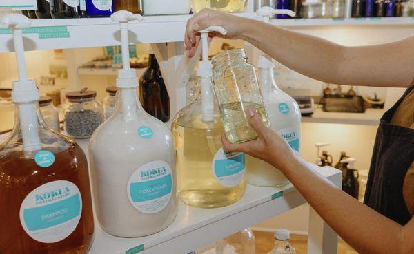 Reuse your old containers & refill on household essentials such as dish soap, body wash, and shampoo.