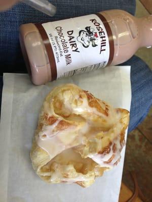 Apple puffed pastry filled with cream cheese filling and apples- with chocolate milk from a nearby dairy