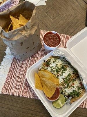 Al Pastor tacos (with everything on them) with chips and salsa. Wife says these are the best al pastor tacos she has ever had in her life.