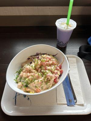 Hawaiian poké bowl and taro milk bubble tea