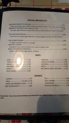 Breakfast menu