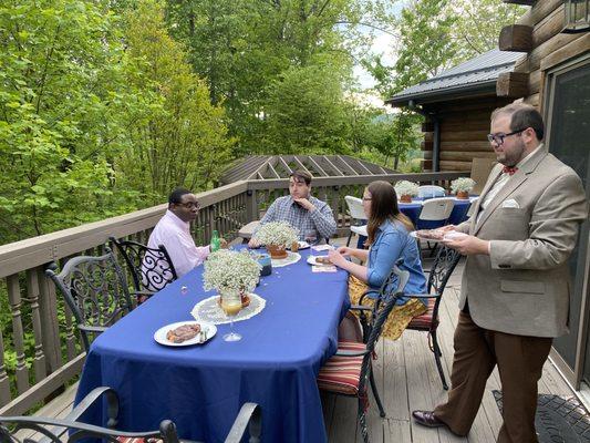 We were married just 15 feet away on the same deck and we had it all set up at the same time.  There is so much space!