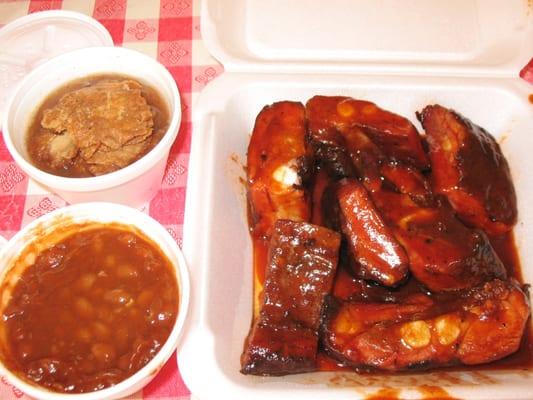 Peach cobbler, baked beans, half rib tips