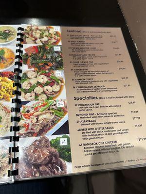 Seafood and specialty menu