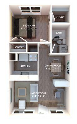 One bedroom floor plan with dimensions