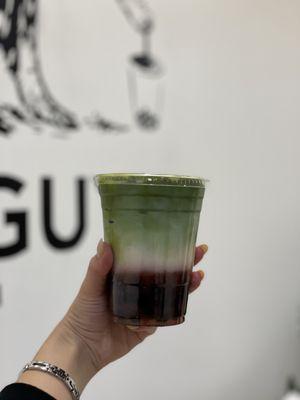 Signature drink - strawberry matcha with oat milk 16 oz with boba ($5.90)