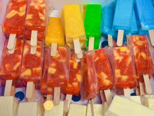 Water base popcicles ,Mango with chamoy,pineapple with chamoy ,pineapple,lime,bluerazzberrie,