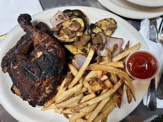 Chicken and Rib Combo Plate with dry rub - not a grain of salt or spec of flavor, but cooked perfectly.