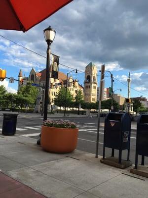 View of the square from my patio seat