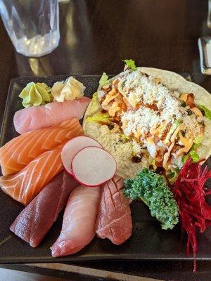 Sushi lunch special with spicy salmon taco