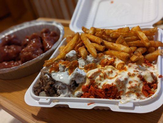 Combo platters with double fries and honey bbq wings