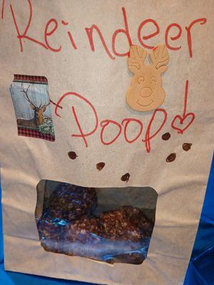 Reindeer Poop-Rolled oats, cocoa, and hazelnut spread mixed together. These treats are the same color and shape as Santa's reindeers poop.