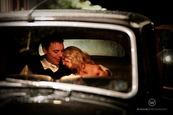 1954 Bentley in Rain, Bride and Groom in back seat