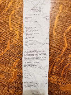 Receipt for meal