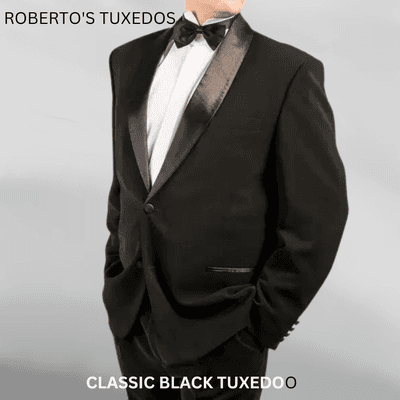 Black tuxedo with shawl lapel.