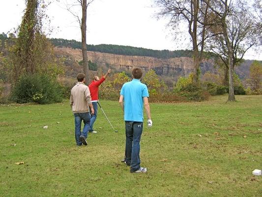 River bluffs in background