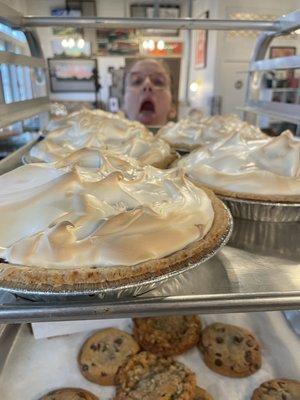 Coconut cream and chocolate meringue.