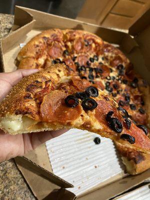 Stuffed crust pepperoni pizza w/olives