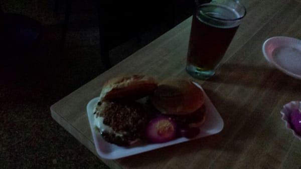 Burgers and red beet eggs