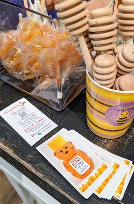 Business cards, honey popsicles and honey stirrers