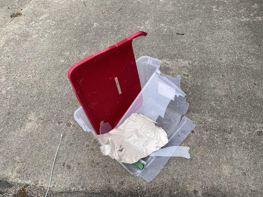 This was a 3-lb. box of Christmas ornaments that they placed underneath heavy boxes containing tools.