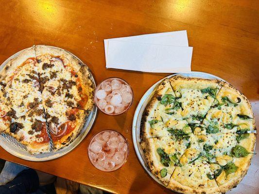 Sausage n Onion pizza + Vegan Spinach and Garlic with our Aperol Spritzers