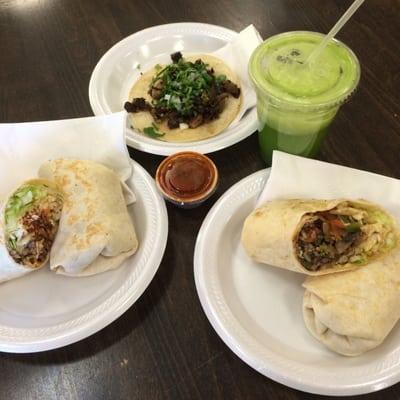 cabeza taco, veg burrito, spicy pork burrito, jugo verde (not pictured: guac and chips for takeout)